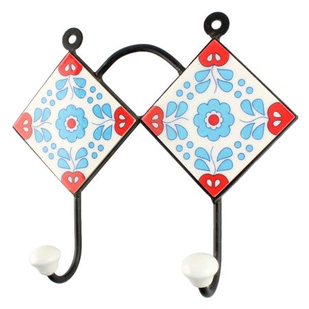 Ceramic Floral Tile Hook in Turquoise